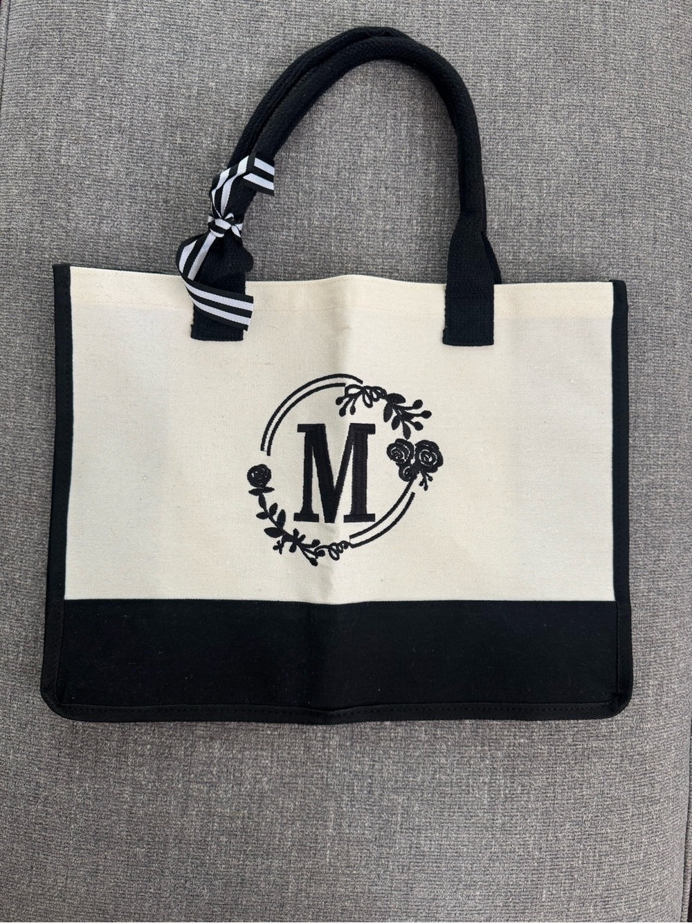 Canvas Monogram M Tote Bag in Black and Cream